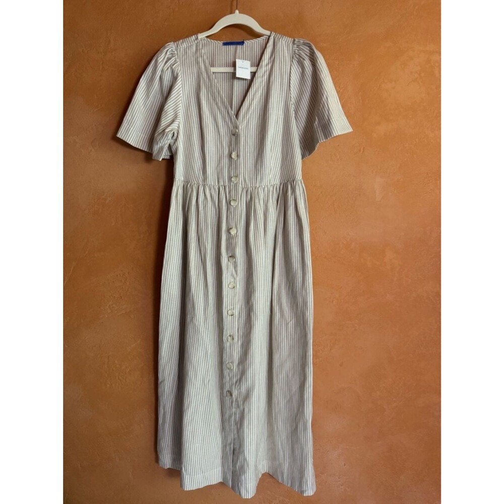 J McLaughlin Annora Dress Small NWT Linen Blend Stripe Button Front Midi